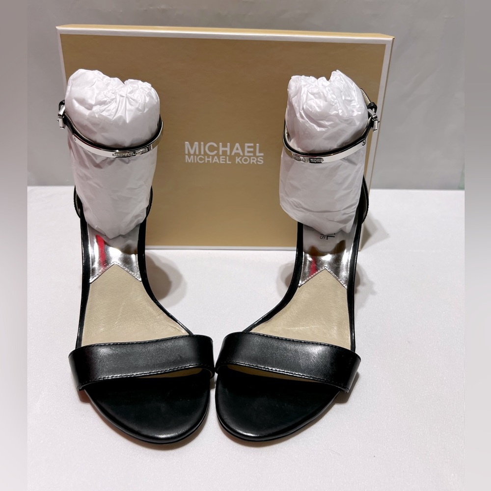 MICHAEL Michael Kors Black and Silver Leather Ankle-Strap Heels